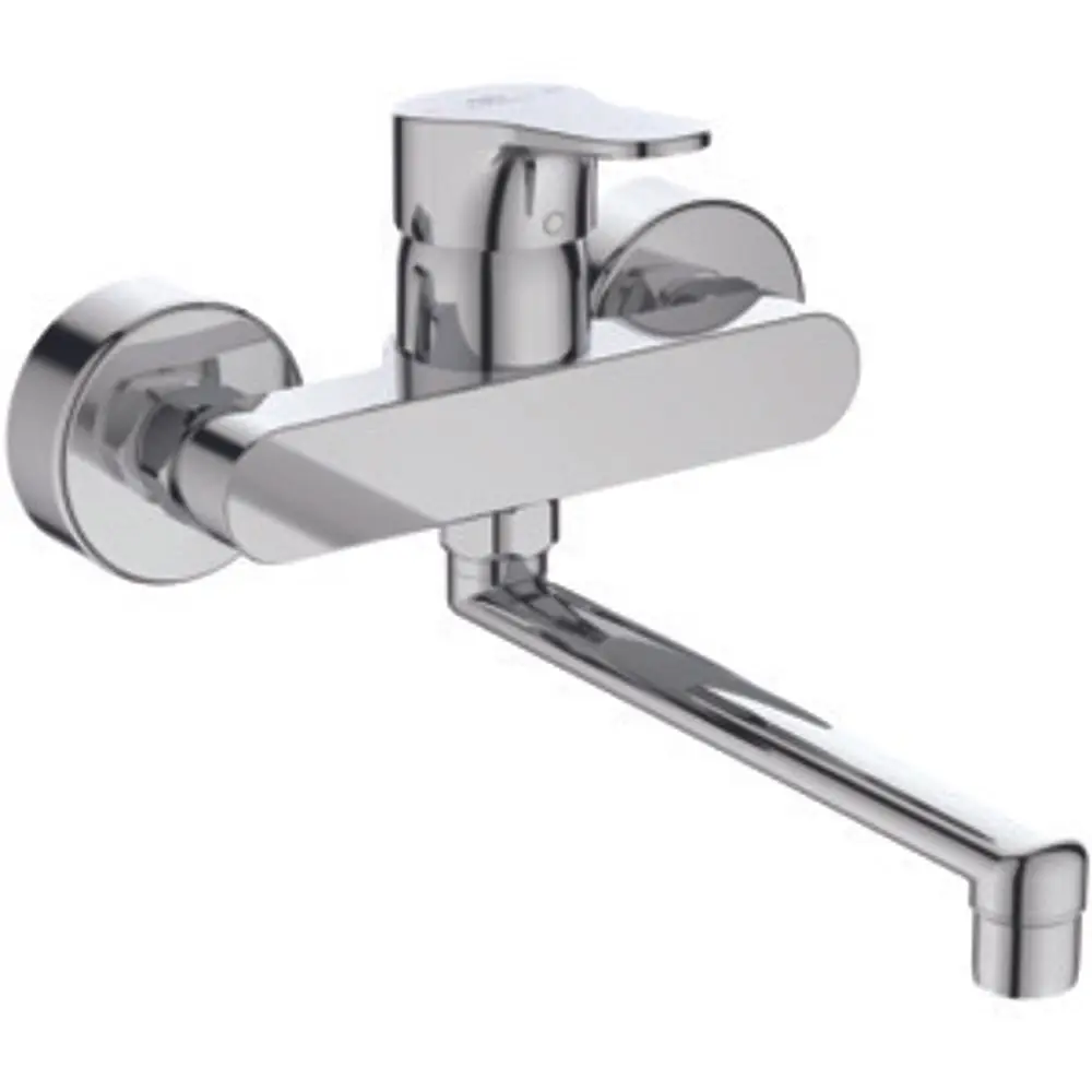 Chromene Wandarmatur von Ideal Standard mit einem langen Auslauf. Die Armatur hat einen einhebeligen Bedienungshahn und ist für die Montage in der Küche geeignet.